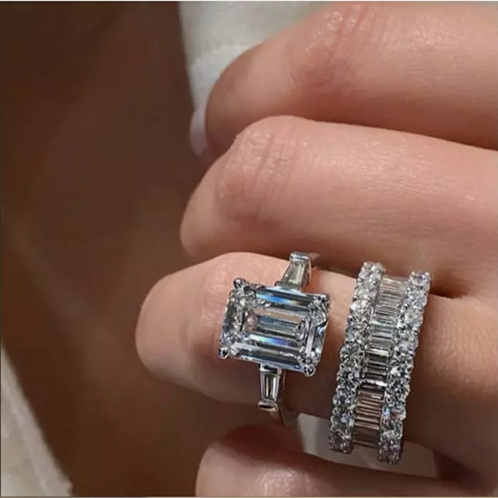 FINAL SALE 925. Sterling Silver 2pc Emerald Cut White Sapphire - Picture 3 of 4